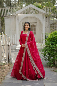 Thumbnail for Aastha Fashion Women's Rani Pink Faux Georgette Frill Work Anarkali Dress with Dupatta - Distacart