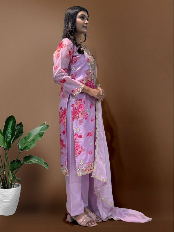 Prazu Fashion Lavender Organza Embroidery Coding Sequin Salwar Suit