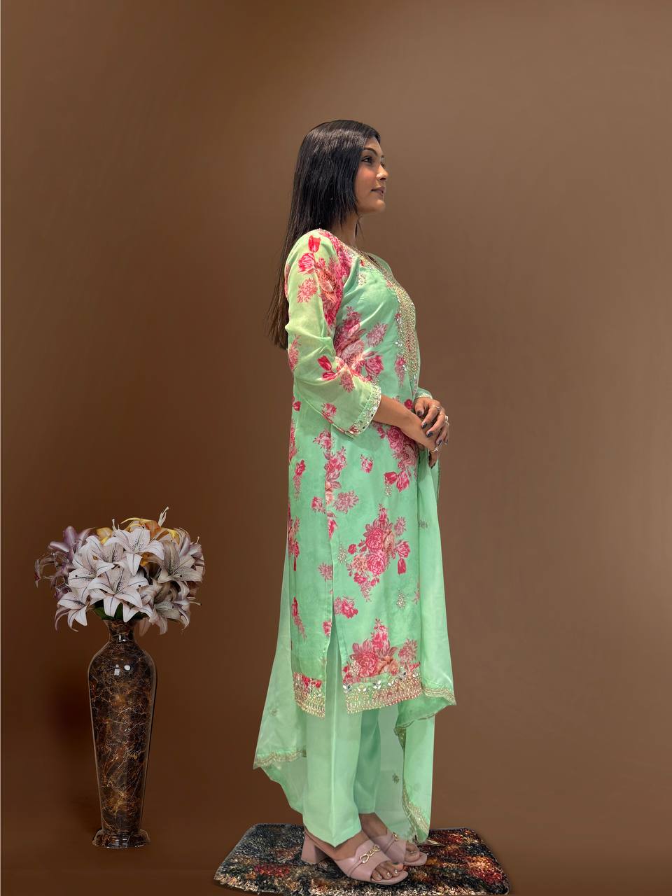 Prazu Fashion Light Green Organza Embroidery Coding Sequin Salwar Suit
