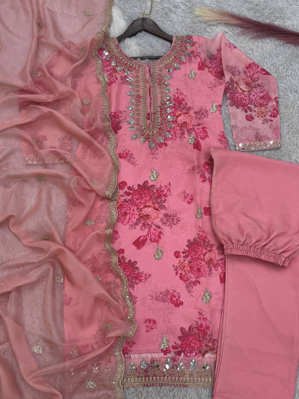 Prazu Fashion Peach Organza Embroidery Coding Sequin Salwar Suit