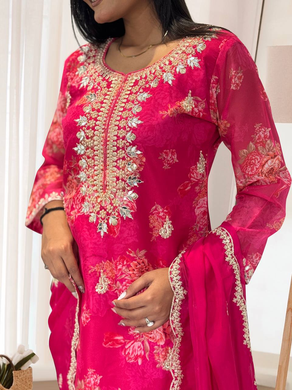 Prazu Fashion Pink Organza Embroidery Coding Sequin Salwar Suit