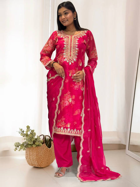 Prazu Fashion Pink Organza Embroidery Coding Sequin Salwar Suit