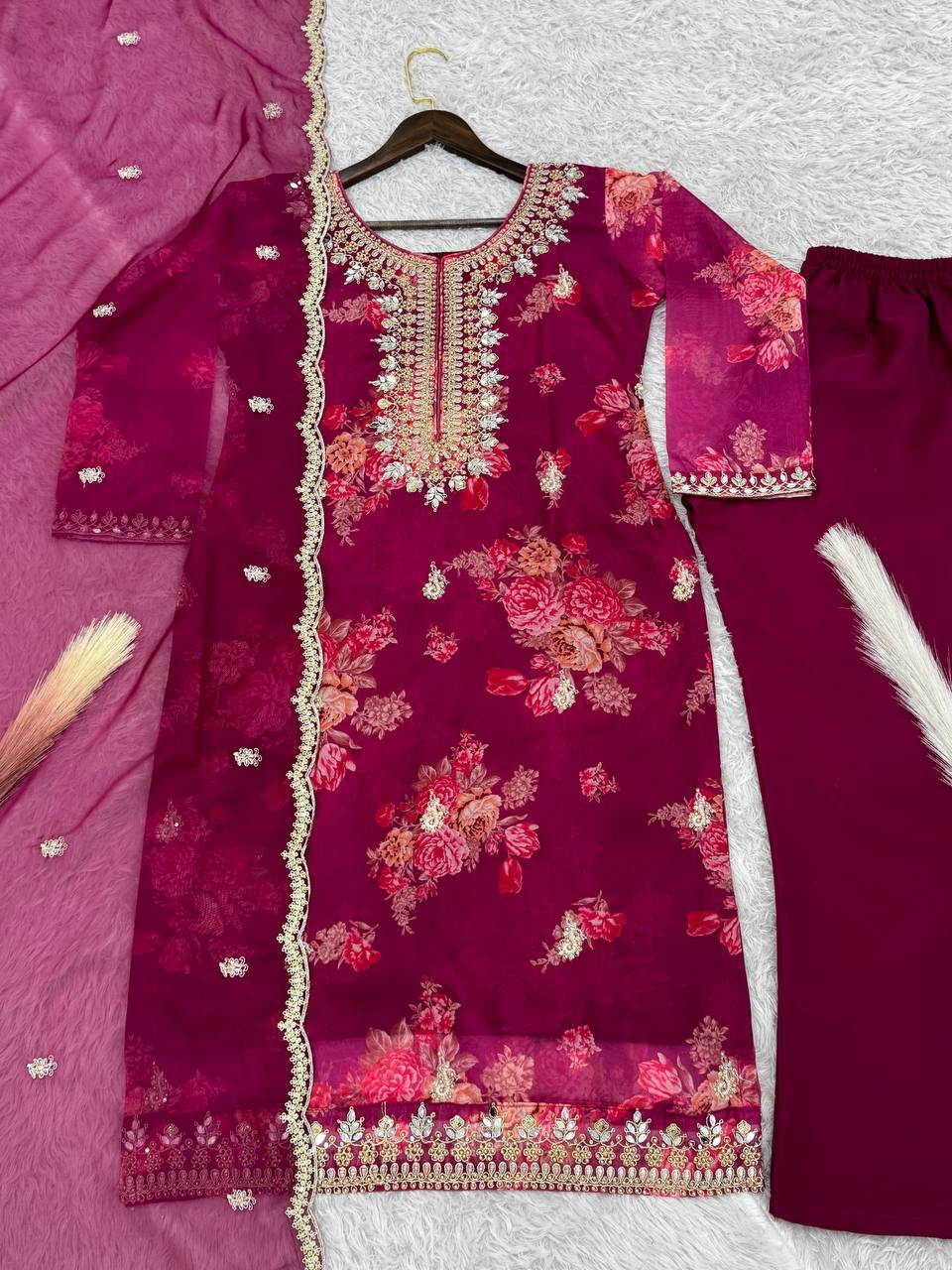 Prazu Fashion Rani Pink Organza Embroidery Coding Sequin Salwar Suit
