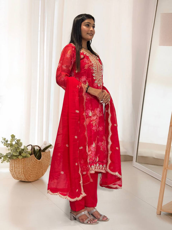 Prazu Fashion Red Organza Embroidery Coding Sequin Salwar Suit