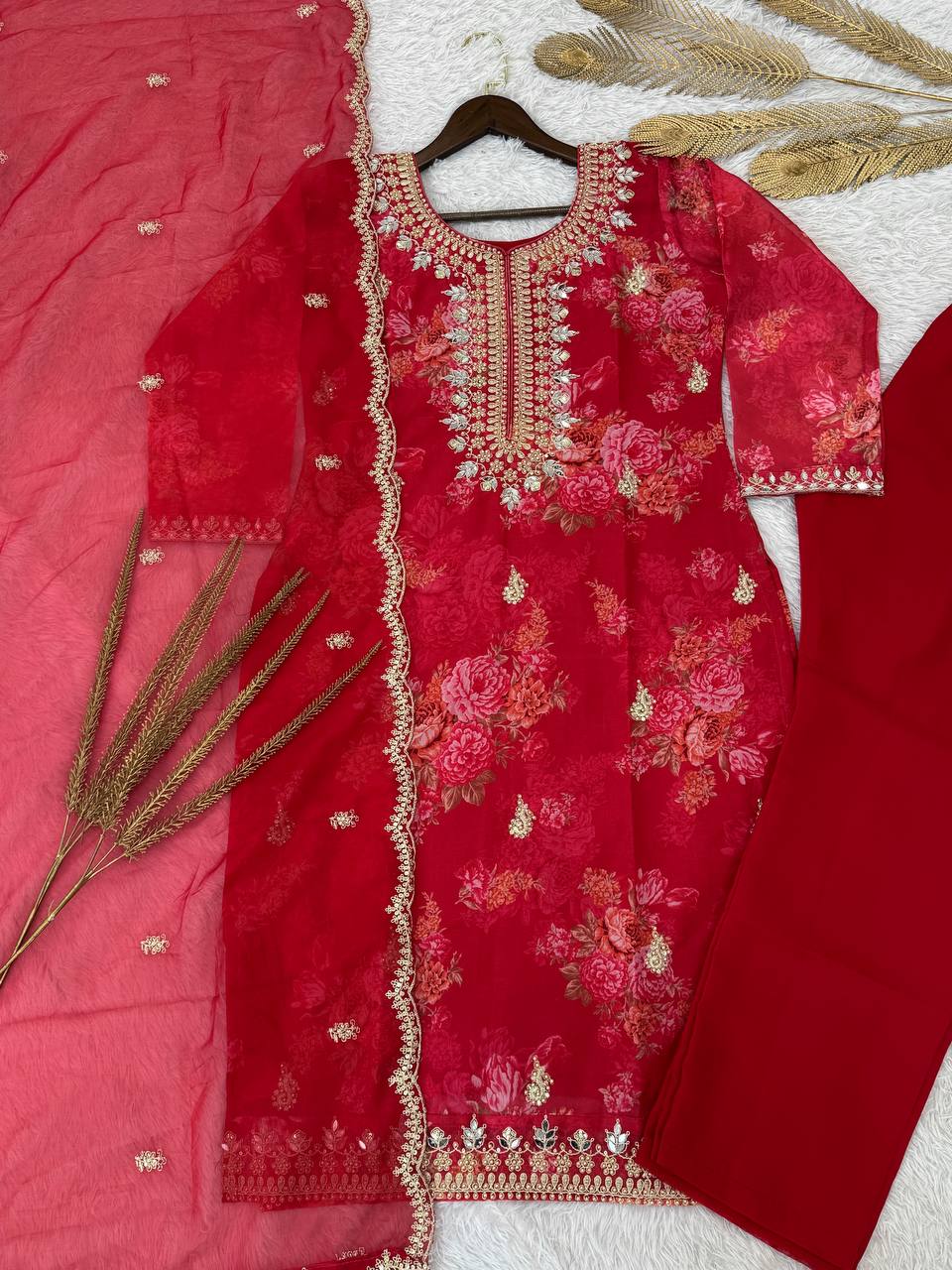 Prazu Fashion Red Organza Embroidery Coding Sequin Salwar Suit