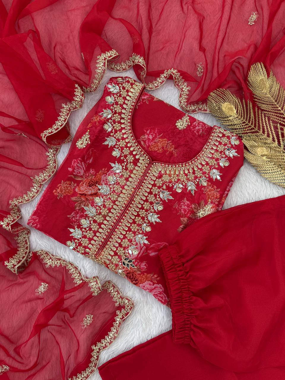 Prazu Fashion Red Organza Embroidery Coding Sequin Salwar Suit