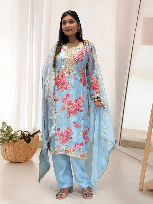 Prazu Fashion Sky Blue Organza Embroidery Coding Sequin Salwar Suit
