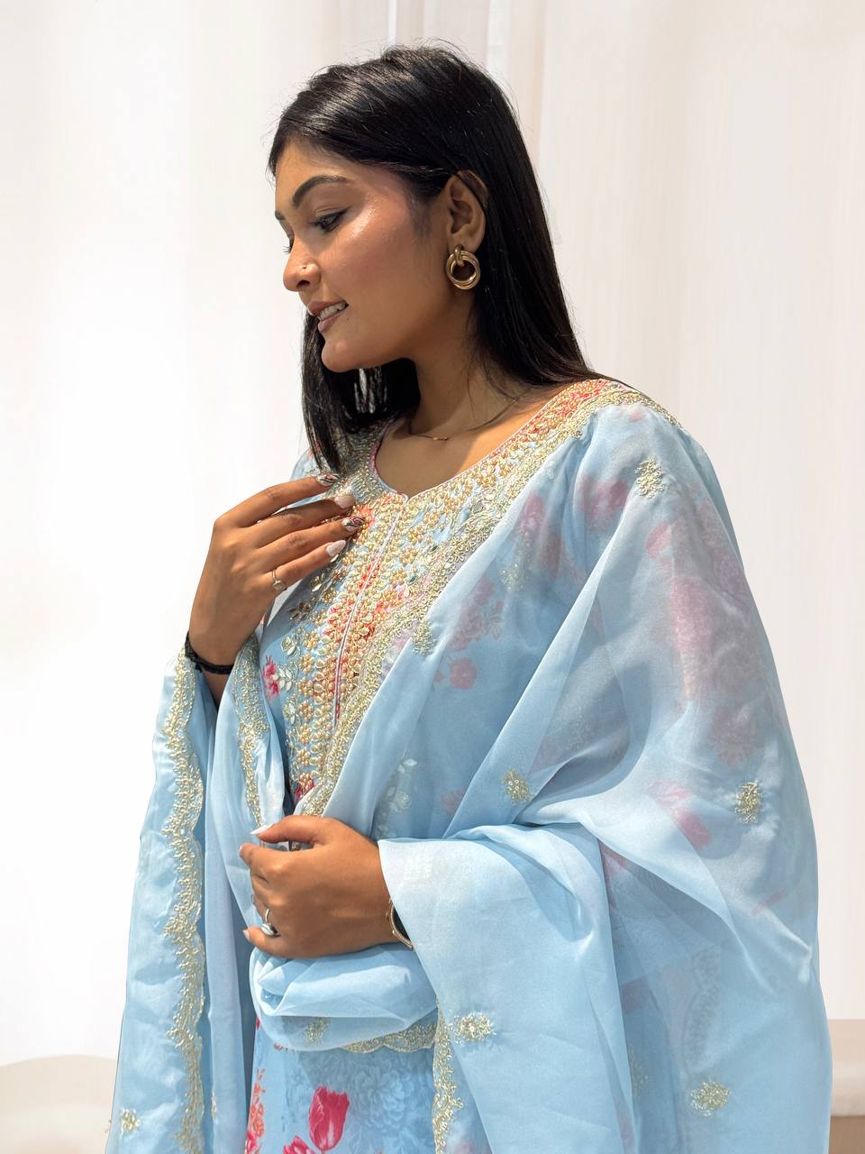 Prazu Fashion Sky Blue Organza Embroidery Coding Sequin Salwar Suit