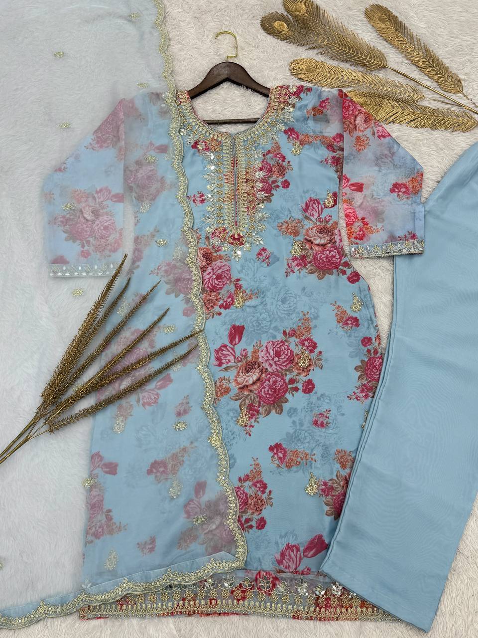 Prazu Fashion Sky Blue Organza Embroidery Coding Sequin Salwar Suit