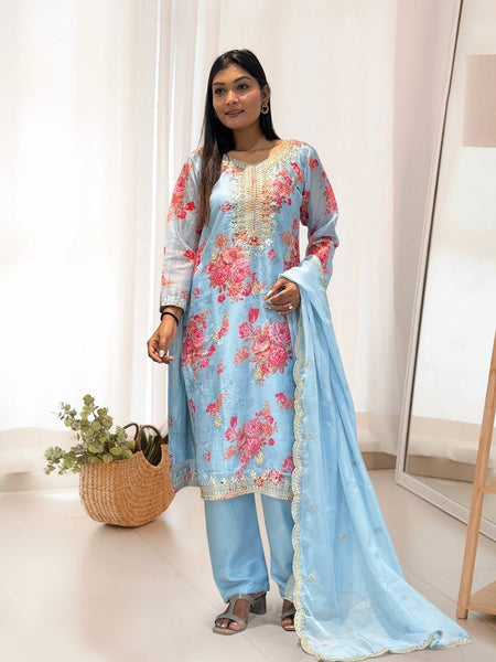 Prazu Fashion Sky Blue Organza Embroidery Coding Sequin Salwar Suit