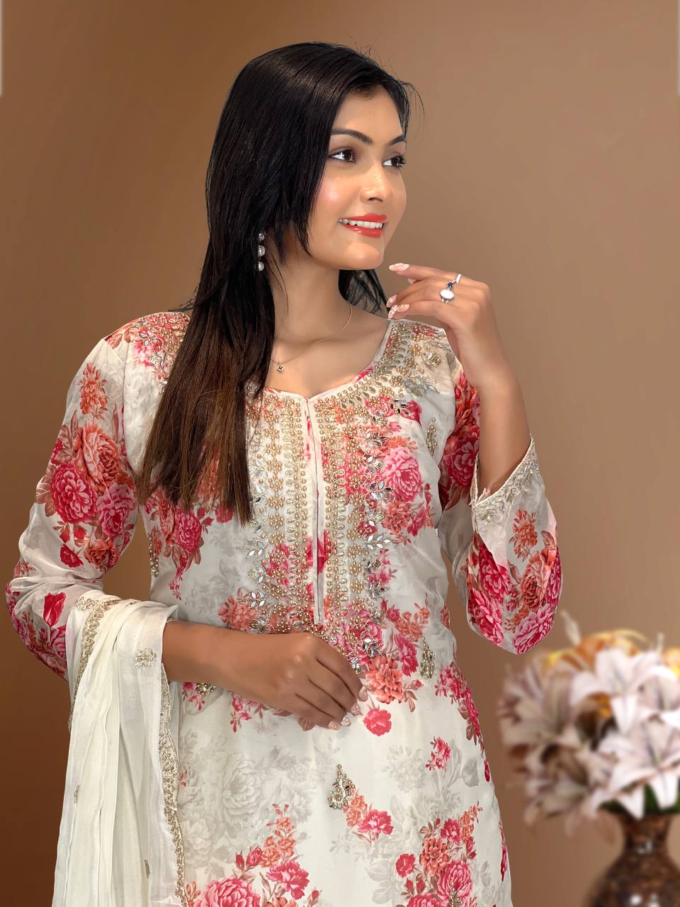 Prazu Fashion White Organza Embroidery Coding Sequin Salwar Suit