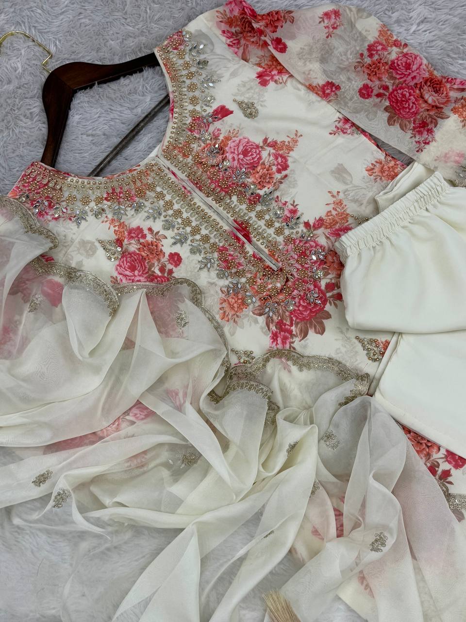 Prazu Fashion White Organza Embroidery Coding Sequin Salwar Suit