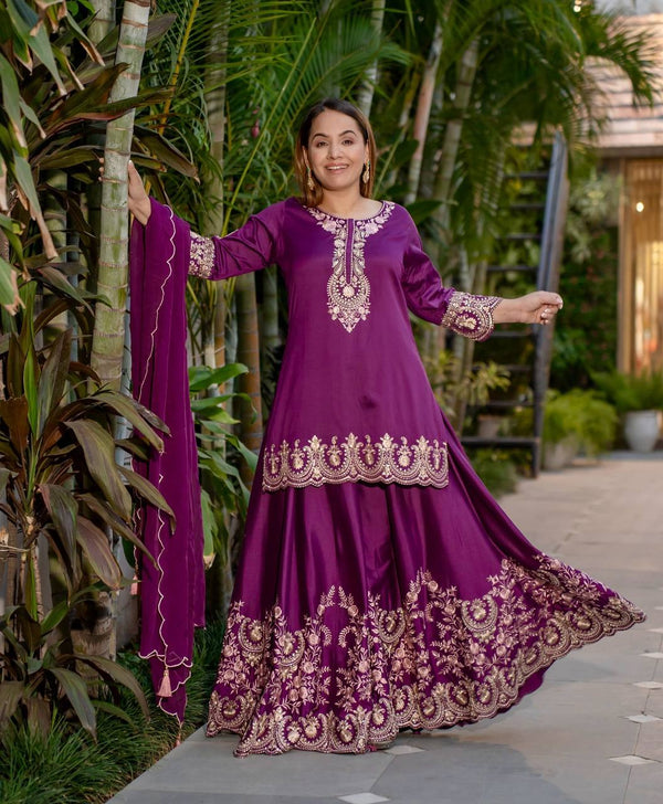 Prazu Fashion Purple French Crepe Thread Embroidered Palazzo Suit
