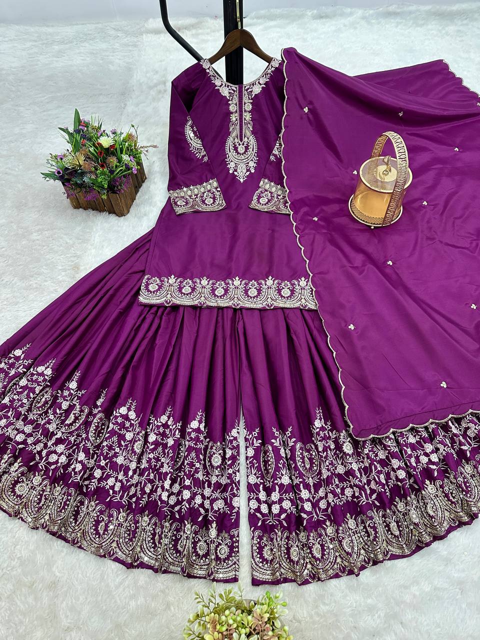 Prazu Fashion Purple French Crepe Thread Embroidered Palazzo Suit