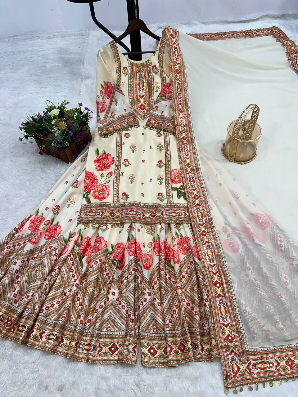 Prazu Fashion Cream Chinon Silk Digital Print Sharara Suit