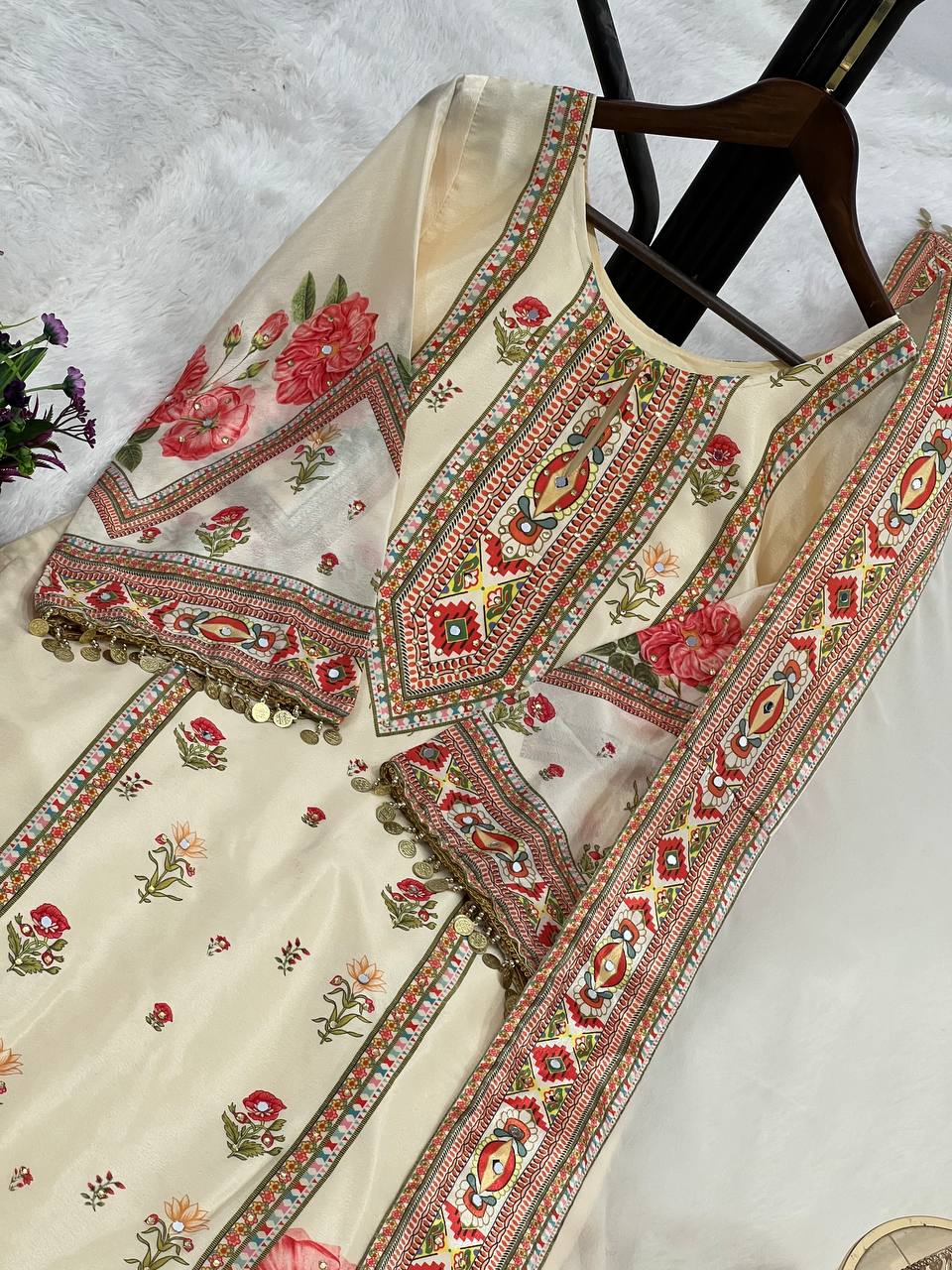 Prazu Fashion Cream Chinon Silk Digital Print Sharara Suit