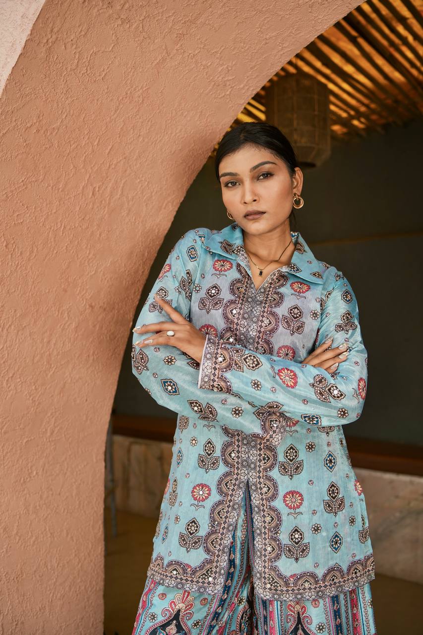 Prazu Fashion Sky Blue Chinon Silk Digital Printed Palazzo Suit