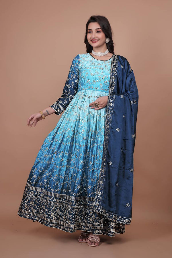 Prazu Fashion Sky Blue Chinon Silk Embroidered Anarkali Suit