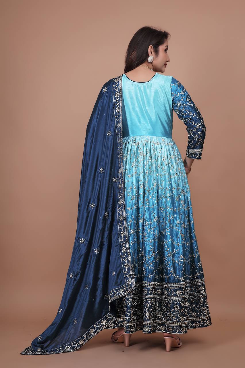 Prazu Fashion Sky Blue Chinon Silk Embroidered Anarkali Suit