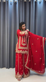 Thumbnail for Prazu Fashion Red Georgette Embroidered Sequin Palazzo Suit