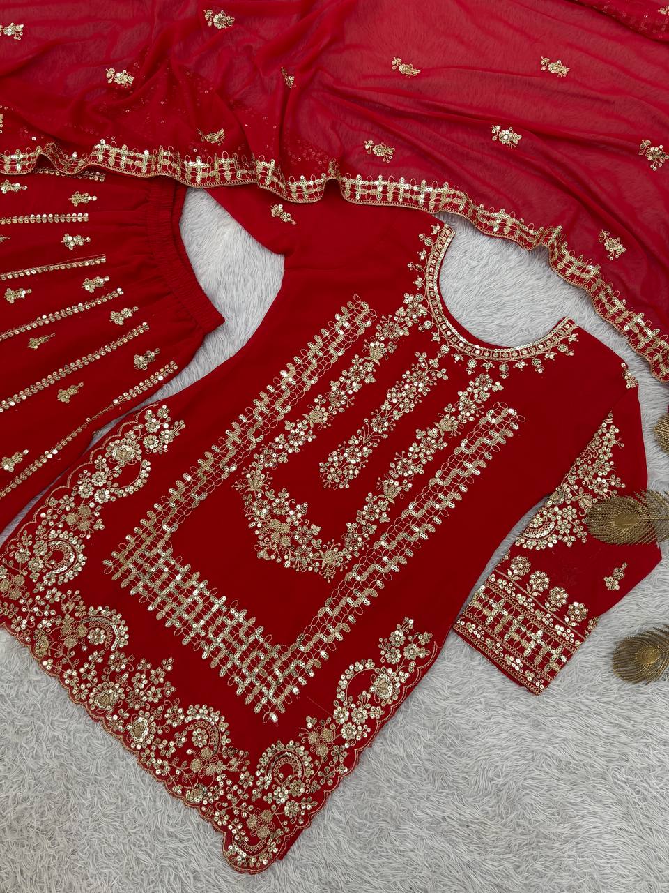 Prazu Fashion Red Georgette Embroidered Sequin Palazzo Suit