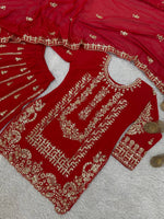 Thumbnail for Prazu Fashion Red Georgette Embroidered Sequin Palazzo Suit