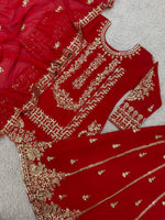 Thumbnail for Prazu Fashion Red Georgette Embroidered Sequin Palazzo Suit