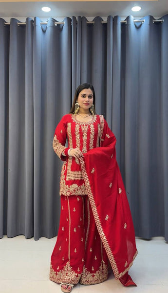 Prazu Fashion Red Georgette Embroidered Sequin Palazzo Suit