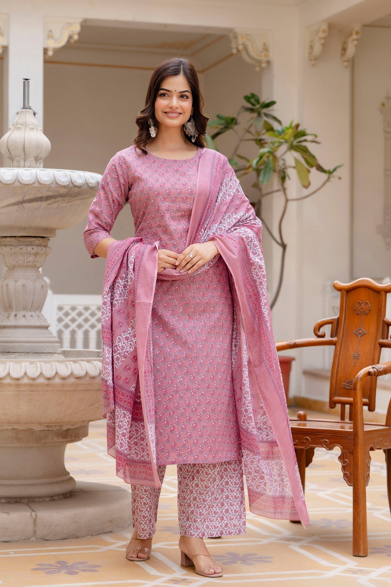 Women Pink Floral Printed Pure Cotton Kurta & Palazzos With Dupatta - Rasiya - Distacart