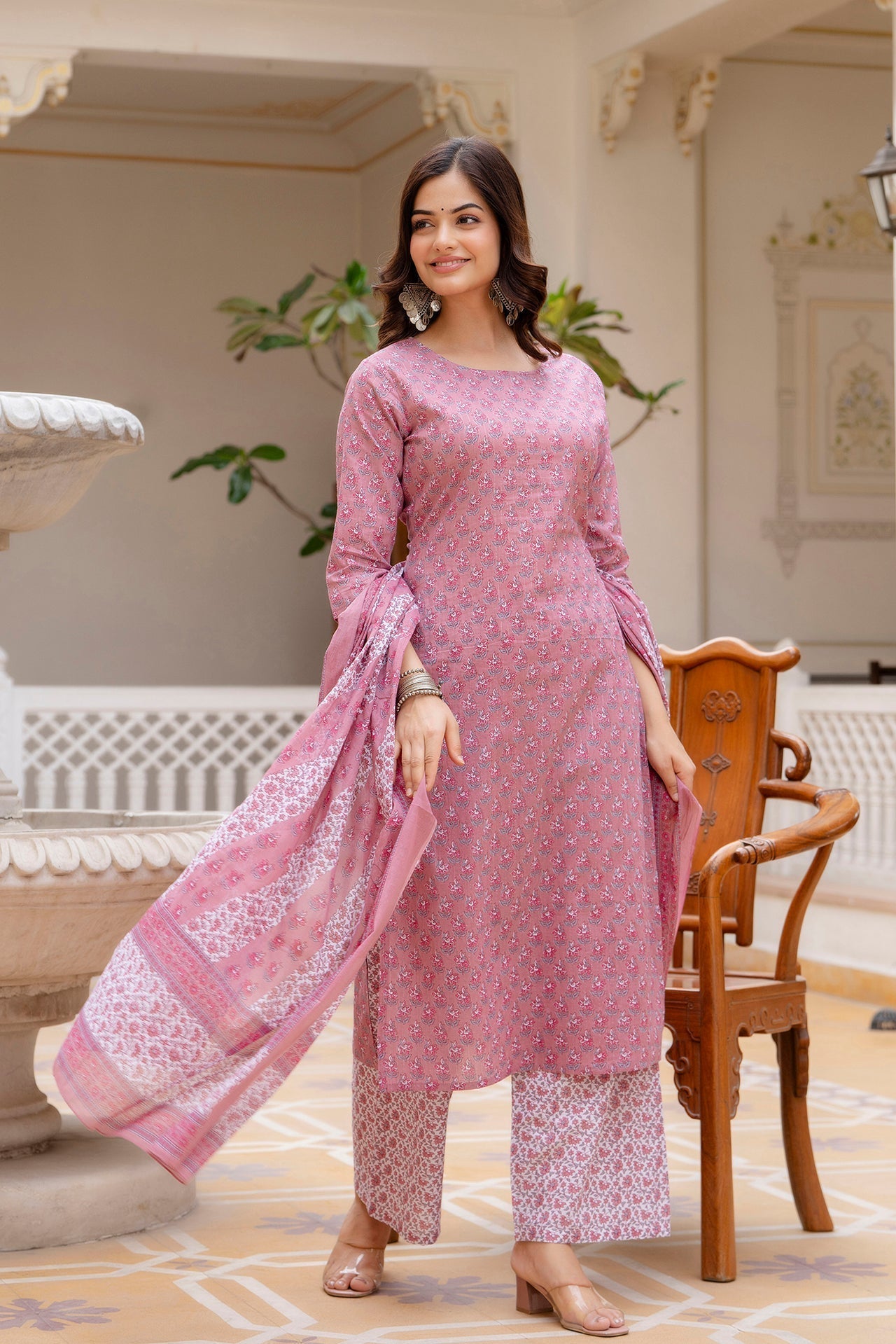 Women Pink Floral Printed Pure Cotton Kurta & Palazzos With Dupatta - Rasiya - Distacart