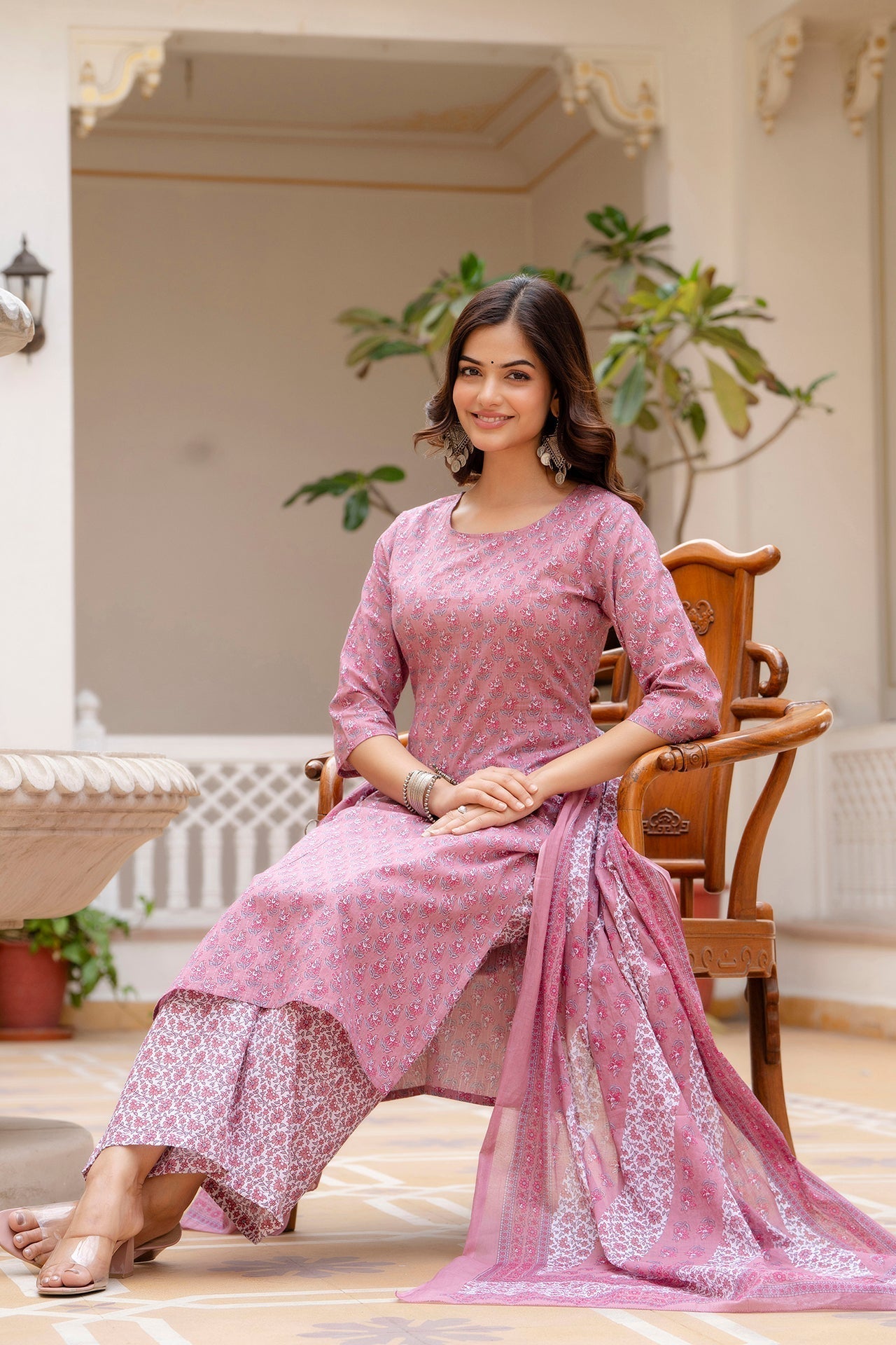 Women Pink Floral Printed Pure Cotton Kurta & Palazzos With Dupatta - Rasiya - Distacart