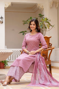 Thumbnail for Women Pink Floral Printed Pure Cotton Kurta & Palazzos With Dupatta - Rasiya - Distacart