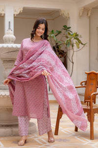 Thumbnail for Women Pink Floral Printed Pure Cotton Kurta & Palazzos With Dupatta - Rasiya - Distacart