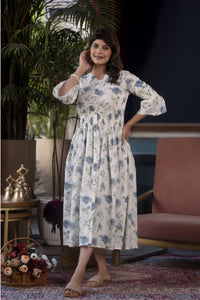 Thumbnail for Women White Floral Printed Flared Dress - Rasiya