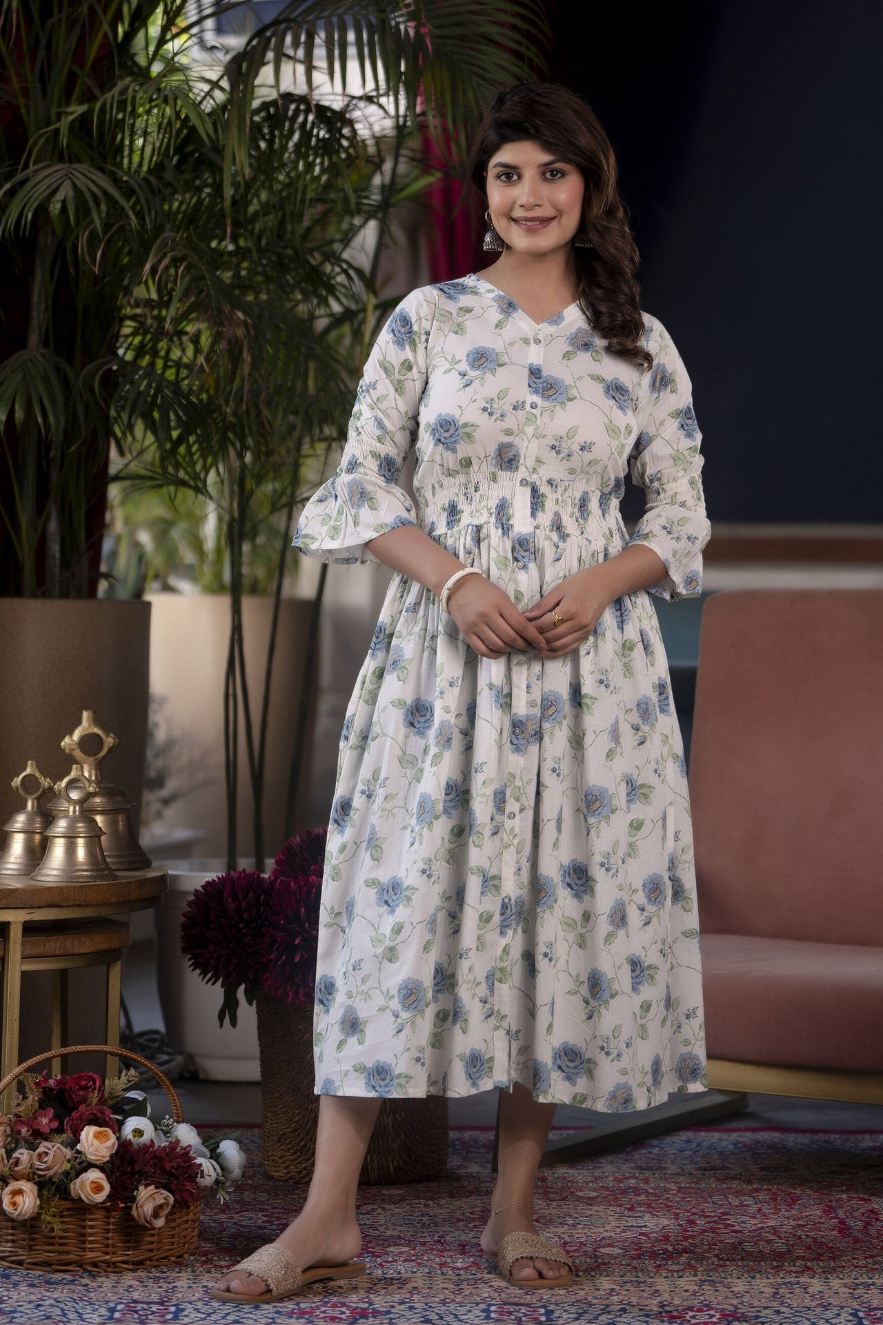 Women White Floral Printed Flared Dress - Rasiya
