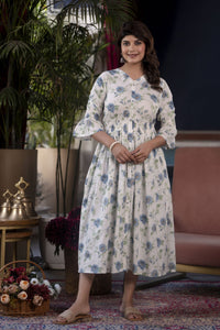 Thumbnail for Women White Floral Printed Flared Dress - Rasiya