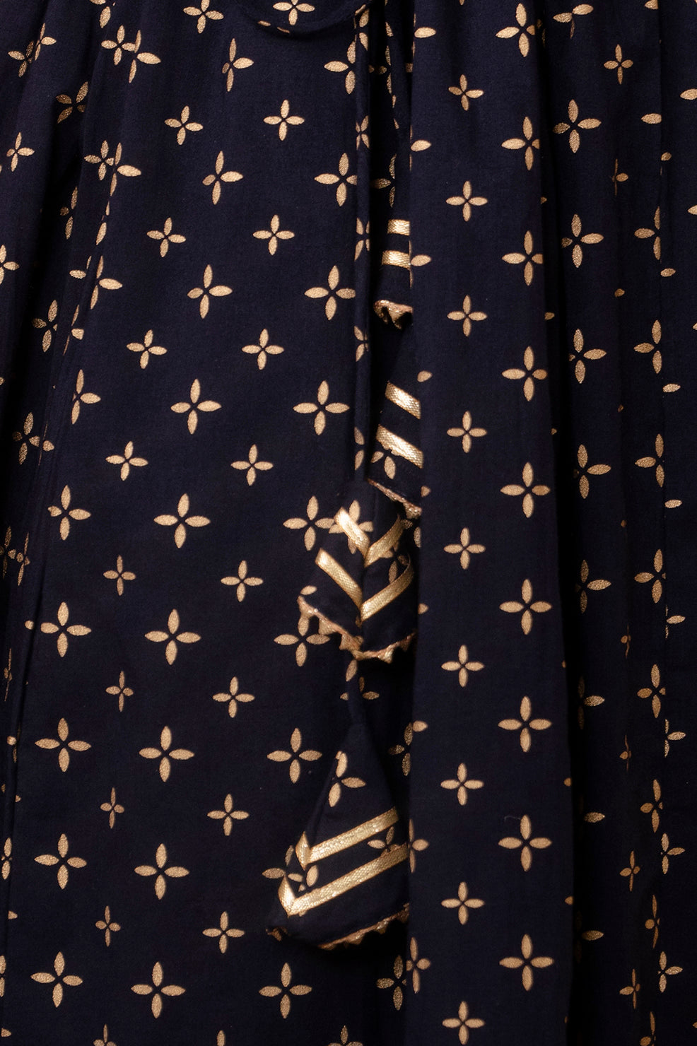 Women Navy Blue Gold Printed Flared Dress With Three quarter Sleeves - Rasiya - Distacart