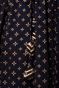 Thumbnail for Women Navy Blue Gold Printed Flared Dress With Three quarter Sleeves - Rasiya - Distacart