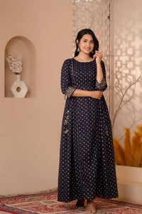 Thumbnail for Women Navy Blue Gold Printed Flared Dress With Three quarter Sleeves - Rasiya - Distacart