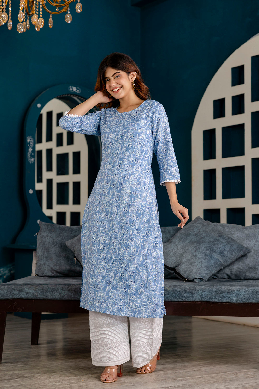 Women Blue Printed Straight Kurta with Three Quarter Sleeves - Rasiya