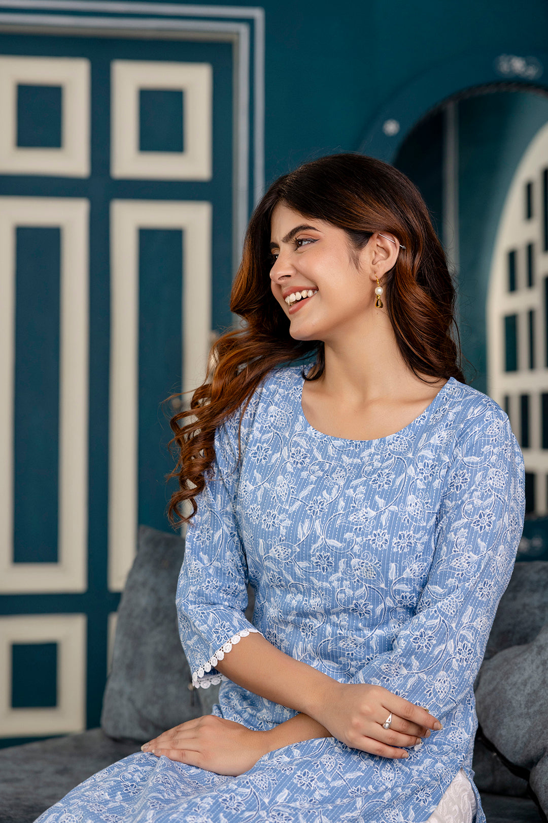 Women Blue Printed Straight Kurta with Three Quarter Sleeves - Rasiya