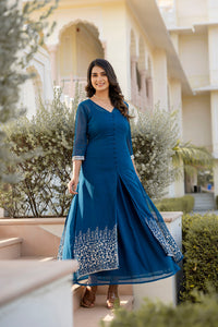 Thumbnail for Women Teal Embroidered Flared Dress with Jacket - Rasiya