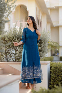 Thumbnail for Women Teal Embroidered Flared Dress with Jacket - Rasiya