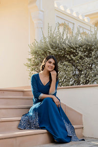 Thumbnail for Women Teal Embroidered Flared Dress with Jacket - Rasiya