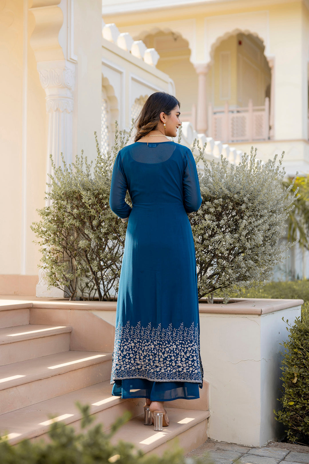 Women Teal Embroidered Flared Dress with Jacket - Rasiya