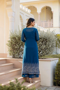 Thumbnail for Women Teal Embroidered Flared Dress with Jacket - Rasiya
