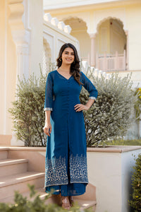 Thumbnail for Women Teal Embroidered Flared Dress with Jacket - Rasiya