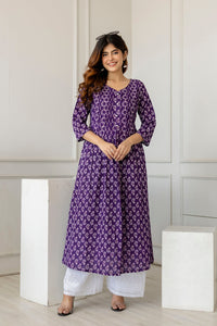 Thumbnail for Women Purple Printed A-Line Kurta with Three Quarter Sleeves - Rasiya