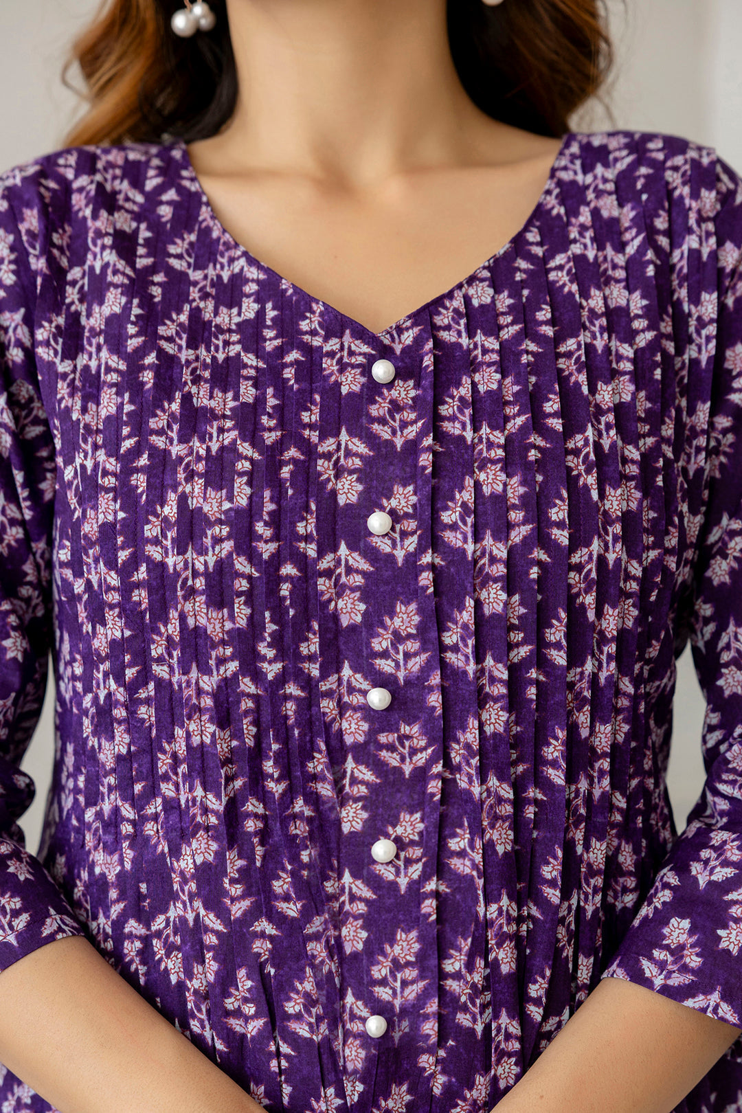 Women Purple Printed A-Line Kurta with Three Quarter Sleeves - Rasiya