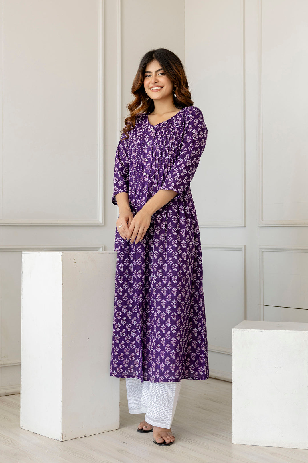 Women Purple Printed A-Line Kurta with Three Quarter Sleeves - Rasiya